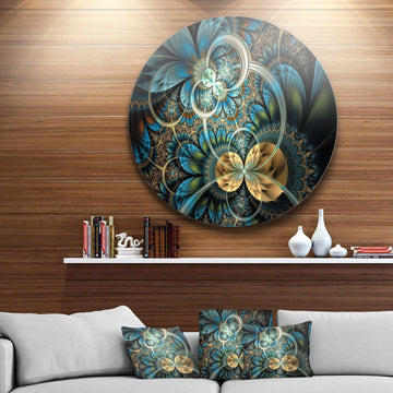 Symmetrical Blue Gold Fractal Flower - Floral Oversized Circle Metal Wall Art